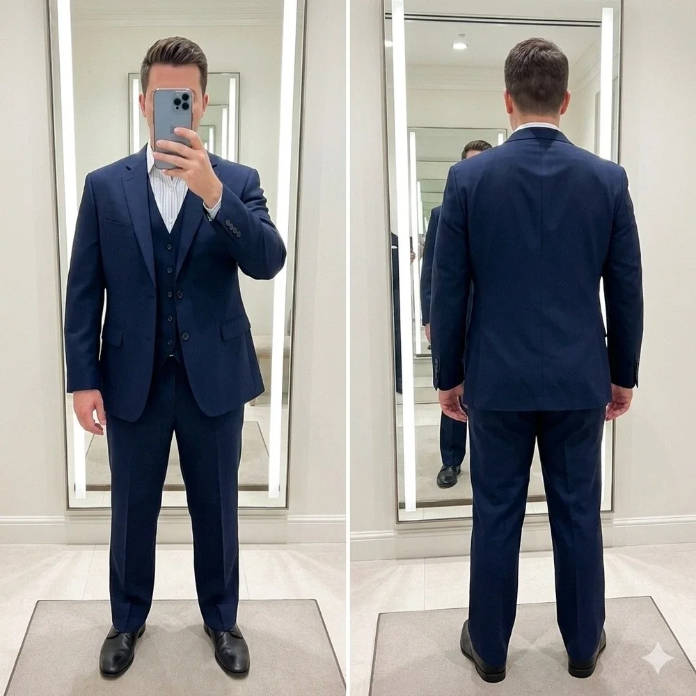 Ralph‎ Lauren Men's 3 Piece Suit 46R 40x28 Navy Blue 100% Wool Formal Wedding